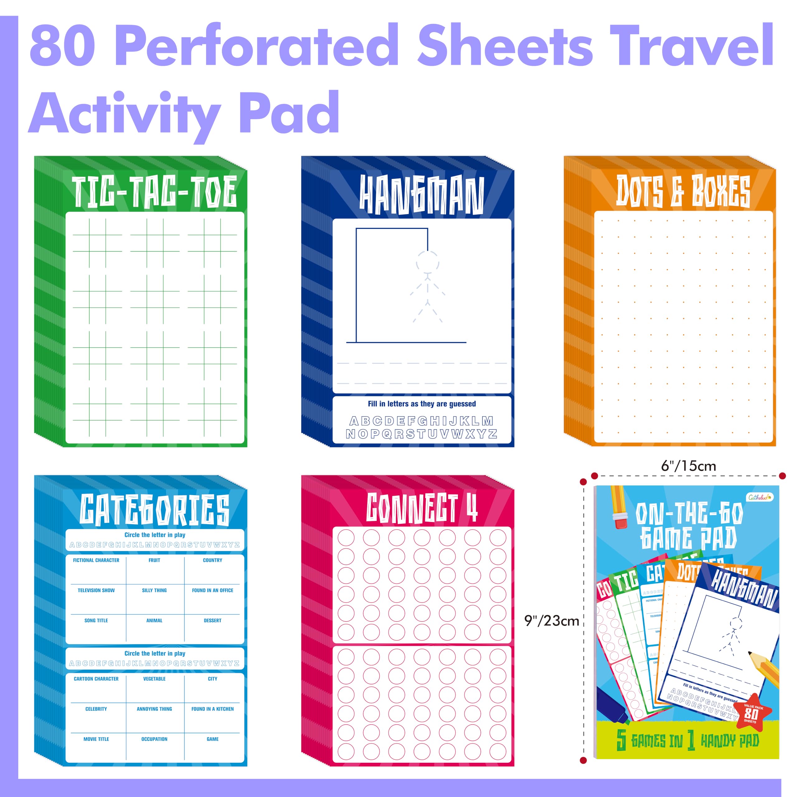 Road Trip Game Pad, 80 Perforated Sheets Travel Activity Pad, 5 Games in 1 Pad, Plane, Car Trip Activity, Pen Pencil & Paper Game for Kids, Adults (6” x 9”)