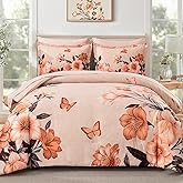 DHSFKBE Floral Comforter Set Queen Size,7 Piece Orange Bed in a Bag, Elegant Flower Pattern Comforter Set with Sheet, Soft Microfiber Complete Bedding Sets for All Season