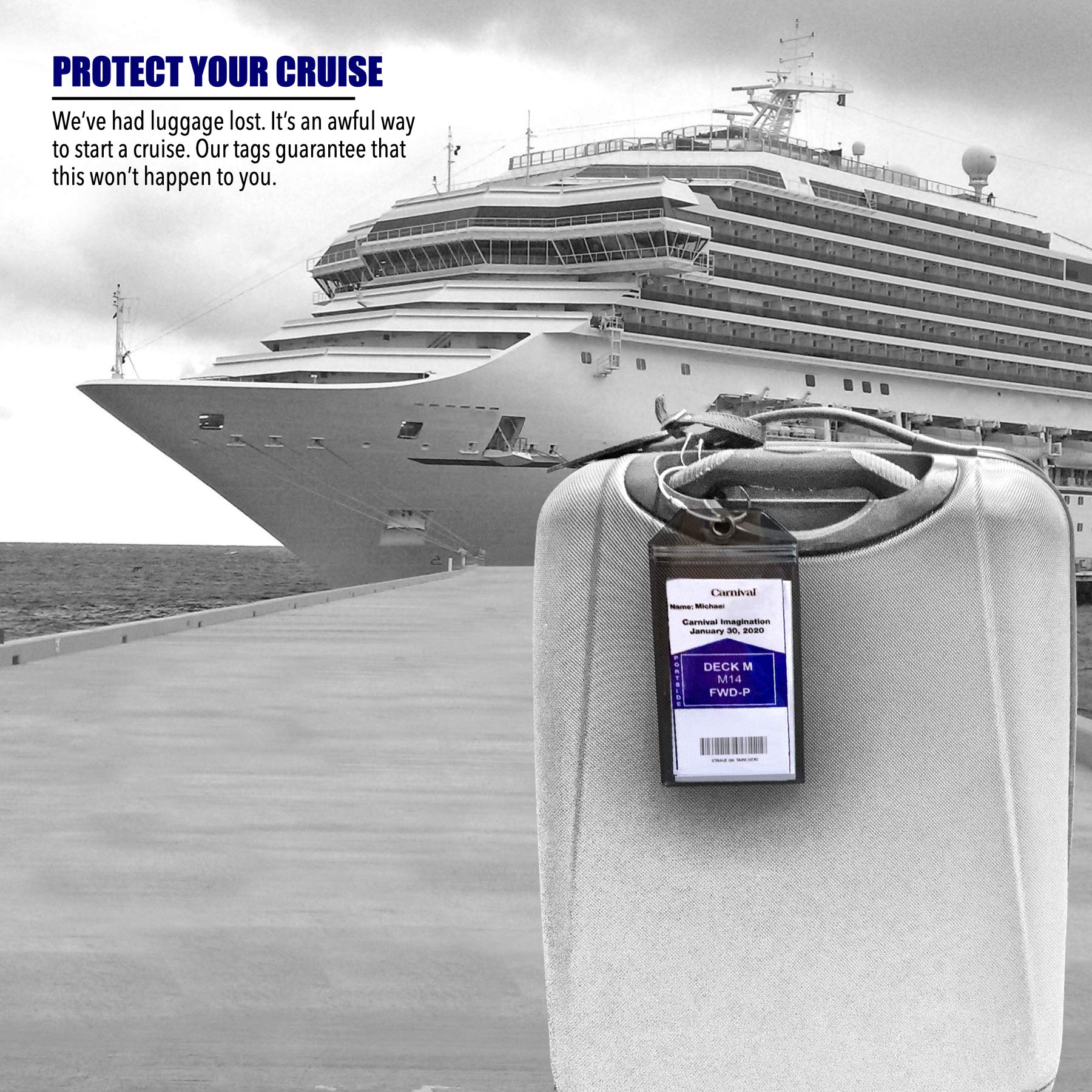 Cruise On Cruise Luggage Tag Holde [4 Pack] - Fits All Carnival & Seabourn Ships & Tags - Cruise Essentials 2025 & 2026 - Waterproof & Clear Luggage Tags