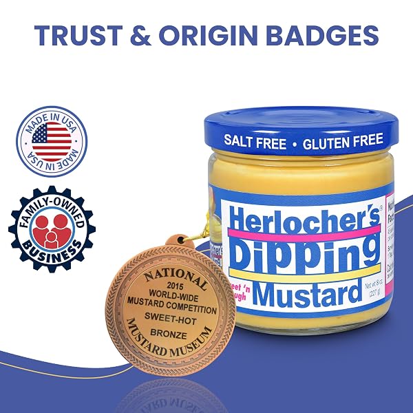 HERLOCHER’S DIPPING MUSTARD – SWEET & TANGY MUSTARD DIP, 8 OZ JAR | GLUTEN-FREE, SALT-FREE, FAT-FREE | PERFECT PRETZEL & SNACK DIP | MADE IN USA
