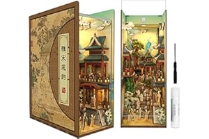 Tonecheer DIY Book Nook Kit for Adults, 3D Wooden Puzzle Bookend Bookshelf Insert Library Decor, Chinese Booknook Miniature House Kit with Body Motion Sensor LED Light (Song Dynasty Culture)