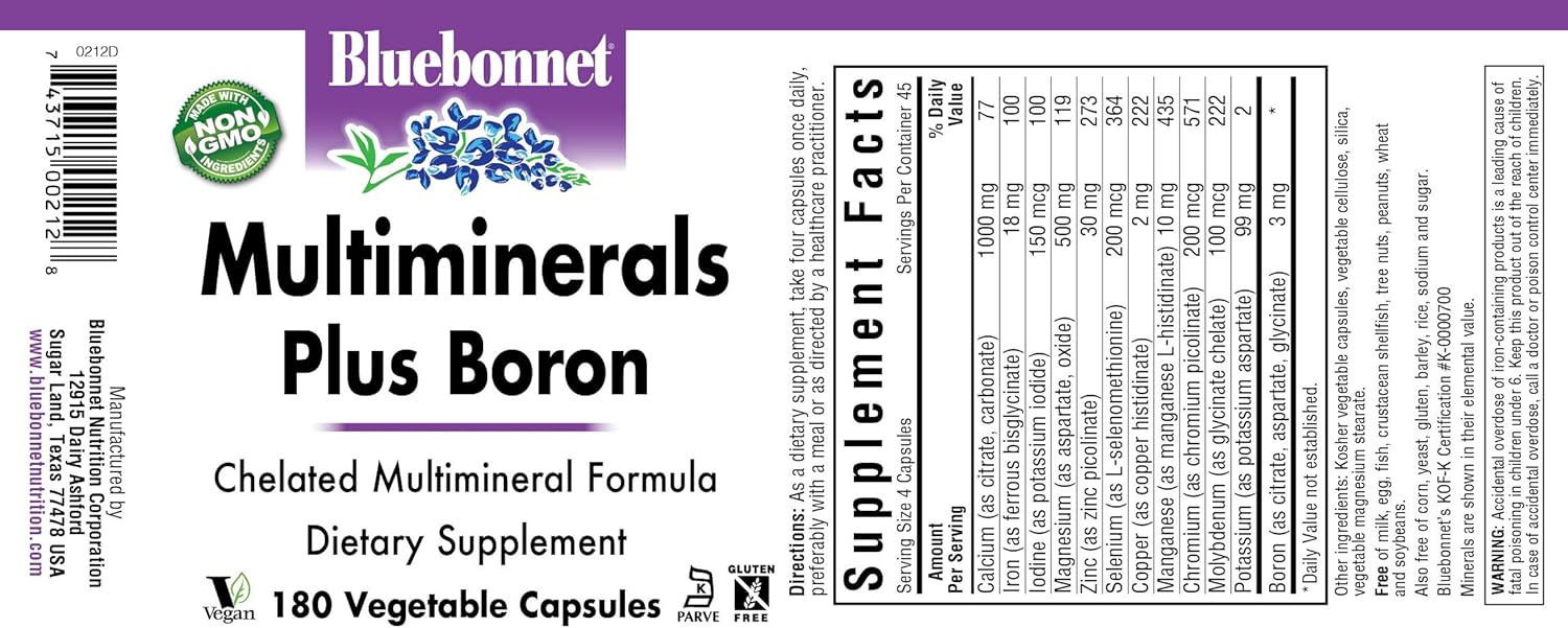 BlueBonnet Multi Minerals Plus Boron Vegetarian Capsules, 180 Count, White: Health & Personal Care