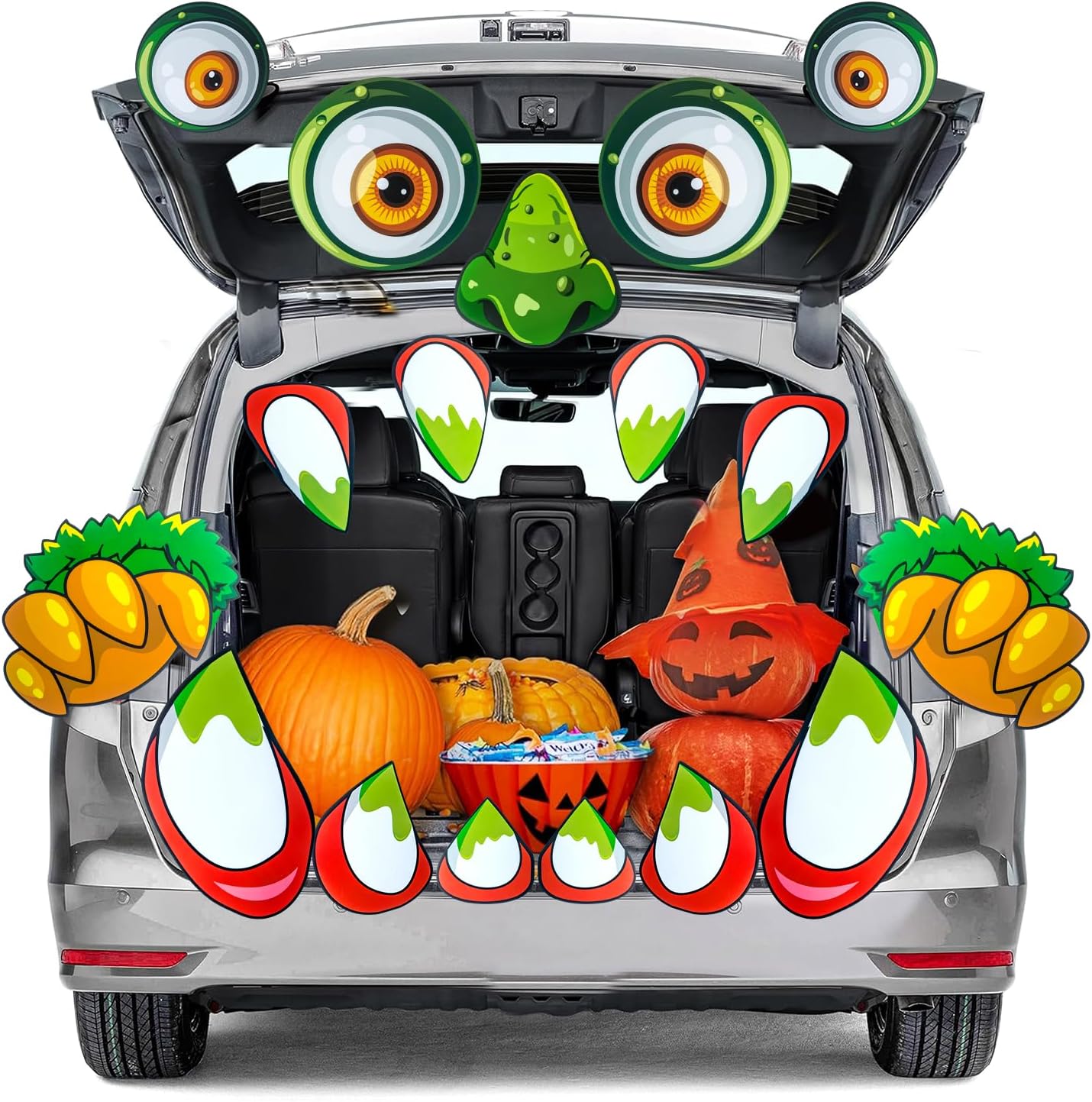 Garage Door Decorations - Halloween Trunk or Treat Car Decorations Kit, 17 PCS Large Eyes Monster Garage Door Halloween Decorations with Claws Fangs for Car SUV Garage Archway Entryway Outdoor Party Decorations