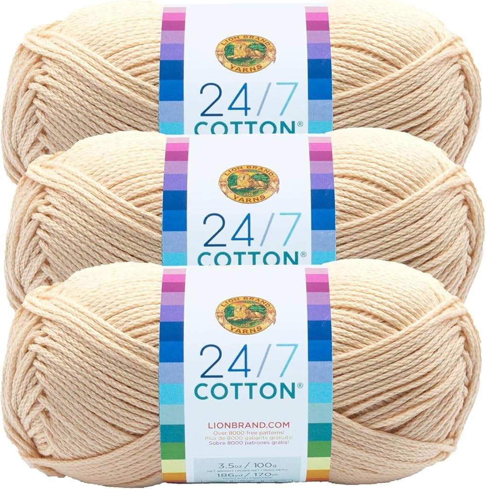 Lion Brand 24/7 Cotton Yarn Ecru Pack of 3 for Knitting Crocheting