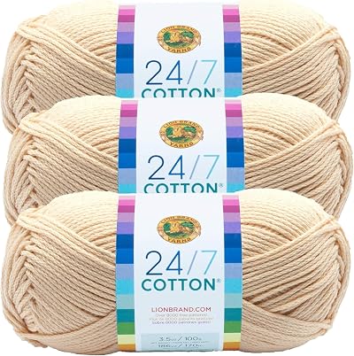 Lion Brand 24/7 Cotton Yarn Ecru Pack of 3 for Knitting Crocheting