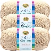 Lion Brand Yarn, 24/7 Cotton Yarn, Ecru, Off White, 3 Pack | Light Worsted 100% Mercerized Cotton Yarn for Crochet, Knitting, Craft, 185 Yards of Natural Fiber for Tees, Bags, Dishcloths