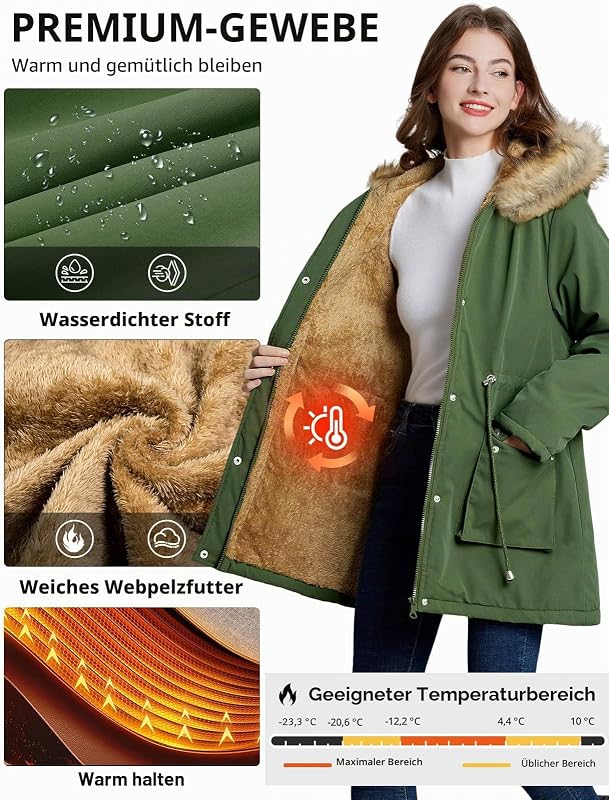 Damen Wintermantel Parka Fleece Gefüttert Winterjacke (Grün, L)