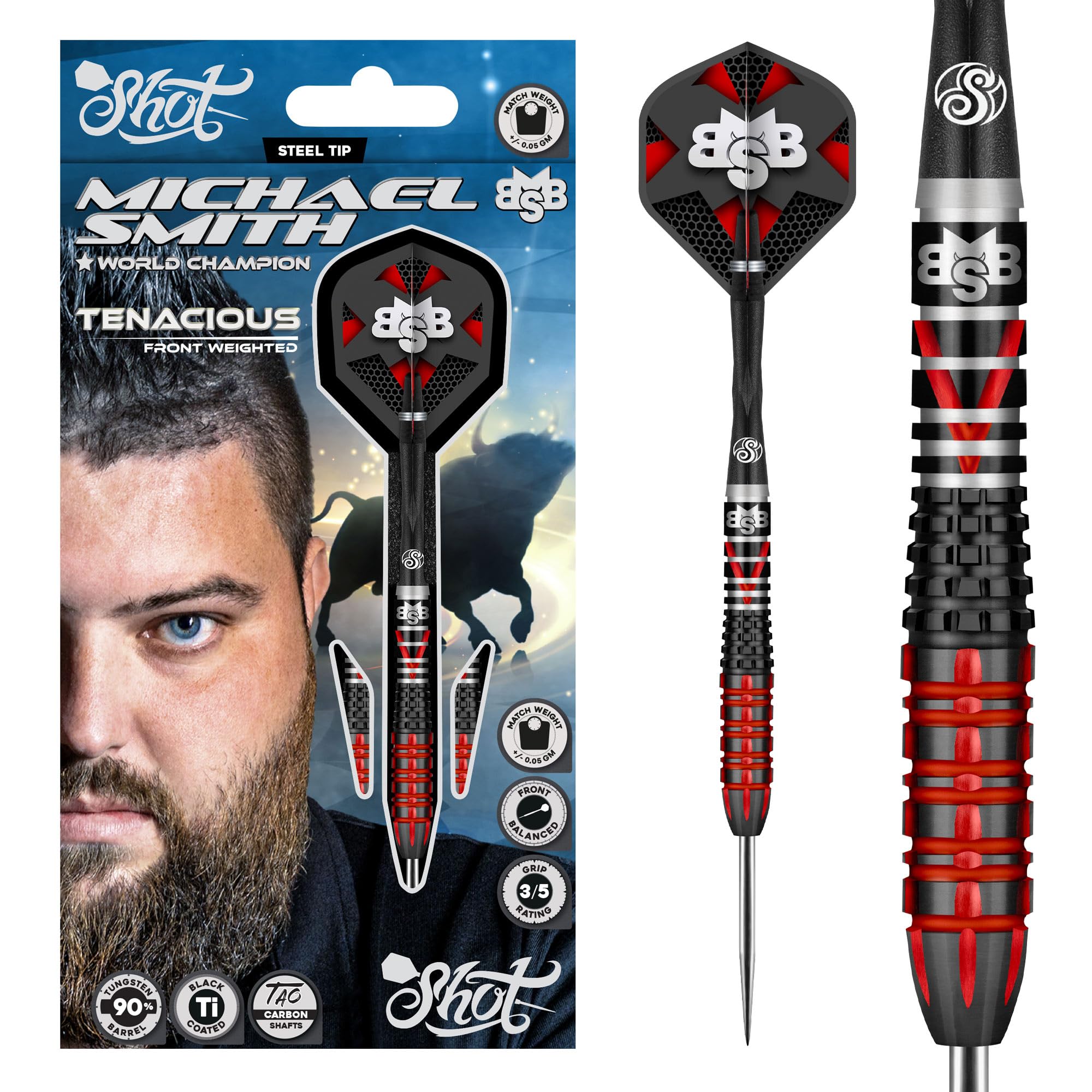 Shot! Darts Michael Smith Tenacious Front Weighted 90% Tungsten Pro Throwing Darts Steel Tip Set Professional Made in New Zealand Designed Dart Flights for Women & Men Metal Tip Bar Darts for Adults
