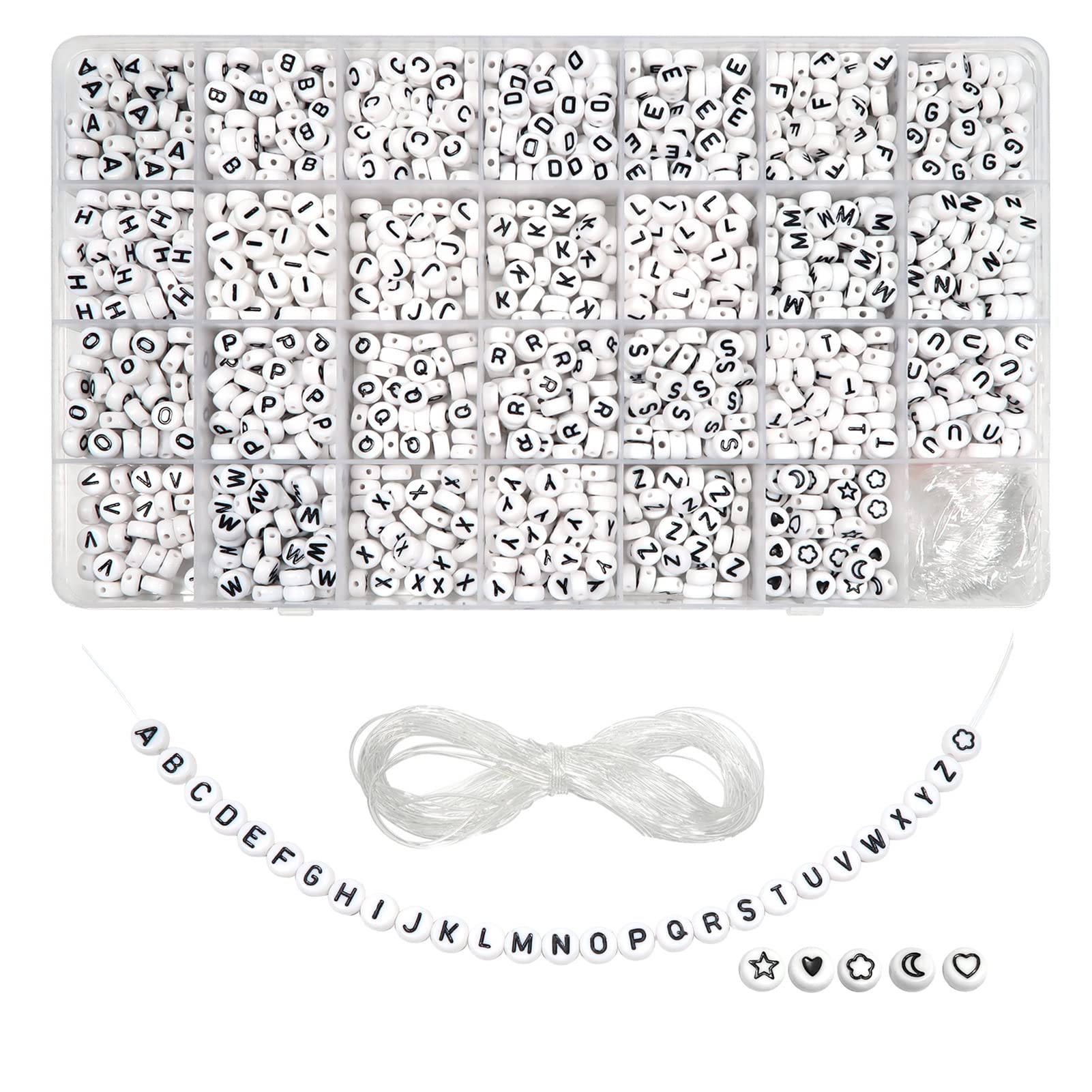 Toaob 1440 Pieces 4 x 7 mm White Letter Beads Black Word A to Z and Love Heart Round Acrylic Spacer Beads for Jewellery Making