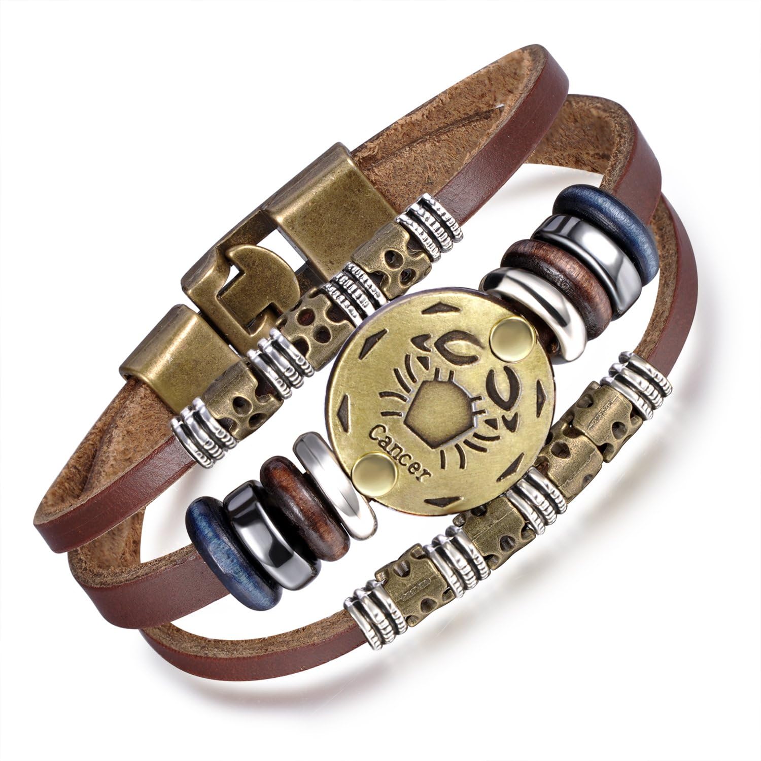 Feilok Elegant Alloy Leather Zodiac Constellation Cancer Adjustable Bangle Charm Bracelet Strand Bracelet for Unisex, Brown