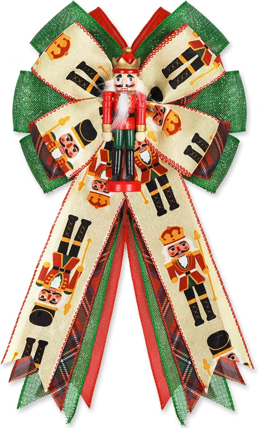 Bows & Ribbons - Whaline Christmas Wreath Bow Red Green Nutcracker Burlap Bow with Pendant Xmas Tree Topper Ornaments Gift Bow for Christmas Party Supplies Home Wall Door Fence Decoration, 11 x 16.5inch