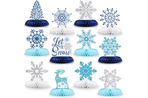 WAENEREC 12PCS Winter Wonderland Party Decorations 3D Honeycomb Snowflake Centerpieces for Tables Blue White Christmas Party Supplies for Kids Birthday Xmas Holiday Party Prop Supply