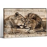 Lion Lioness Canvsa Wall Art Vintage Lion Picture Wall Decor Framed Wood Background Poster Animal Couple Painting Prints Living Room Bedroom Ready to Hang(16.00"x24.00")