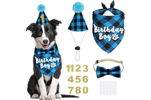 JOTFA Dog Birthday Party Supplies, Plaid Dog Birthday Boy Bandanas with Dog Birthday Party Hat Bow Tie Birthday Number for Sm