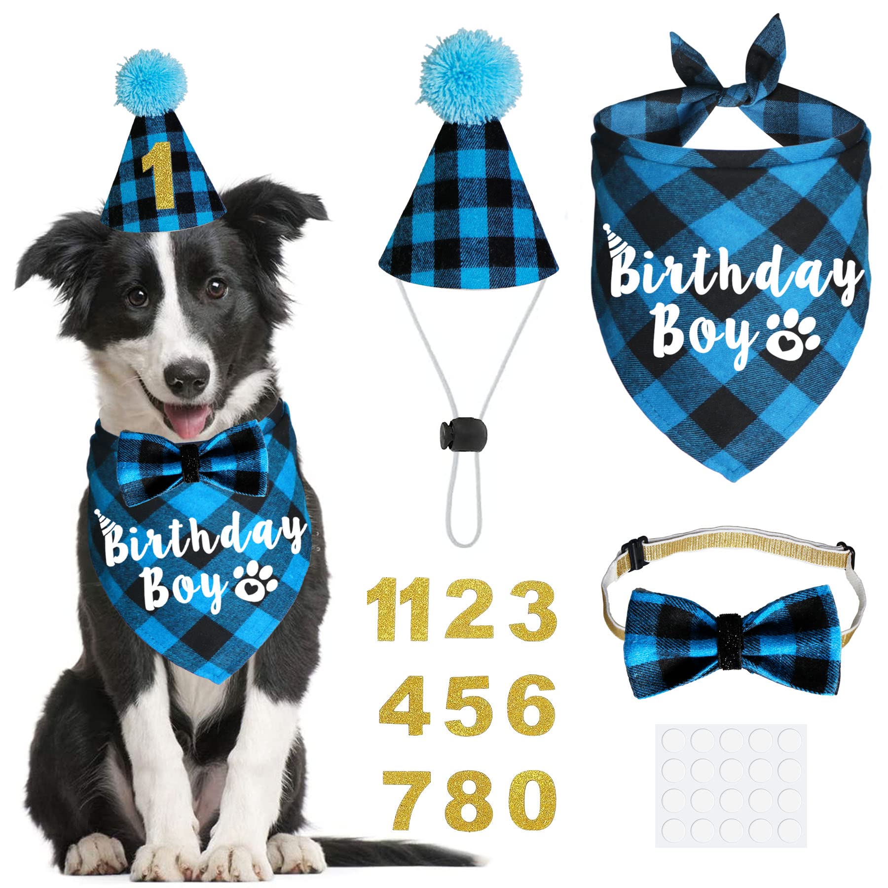 JOTFA Plaid Dog Party Supplies - Birthday Boy Dog Bandanas with Hat, Bow Tie, Numbers (Light Blue, Small to Large)