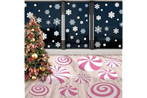 Whaline 108 Pcs Christmas Peppermint Floor Decals Sticker Decoration Pink Candy Snowflake Wall Floor Window Clings for Xmas W