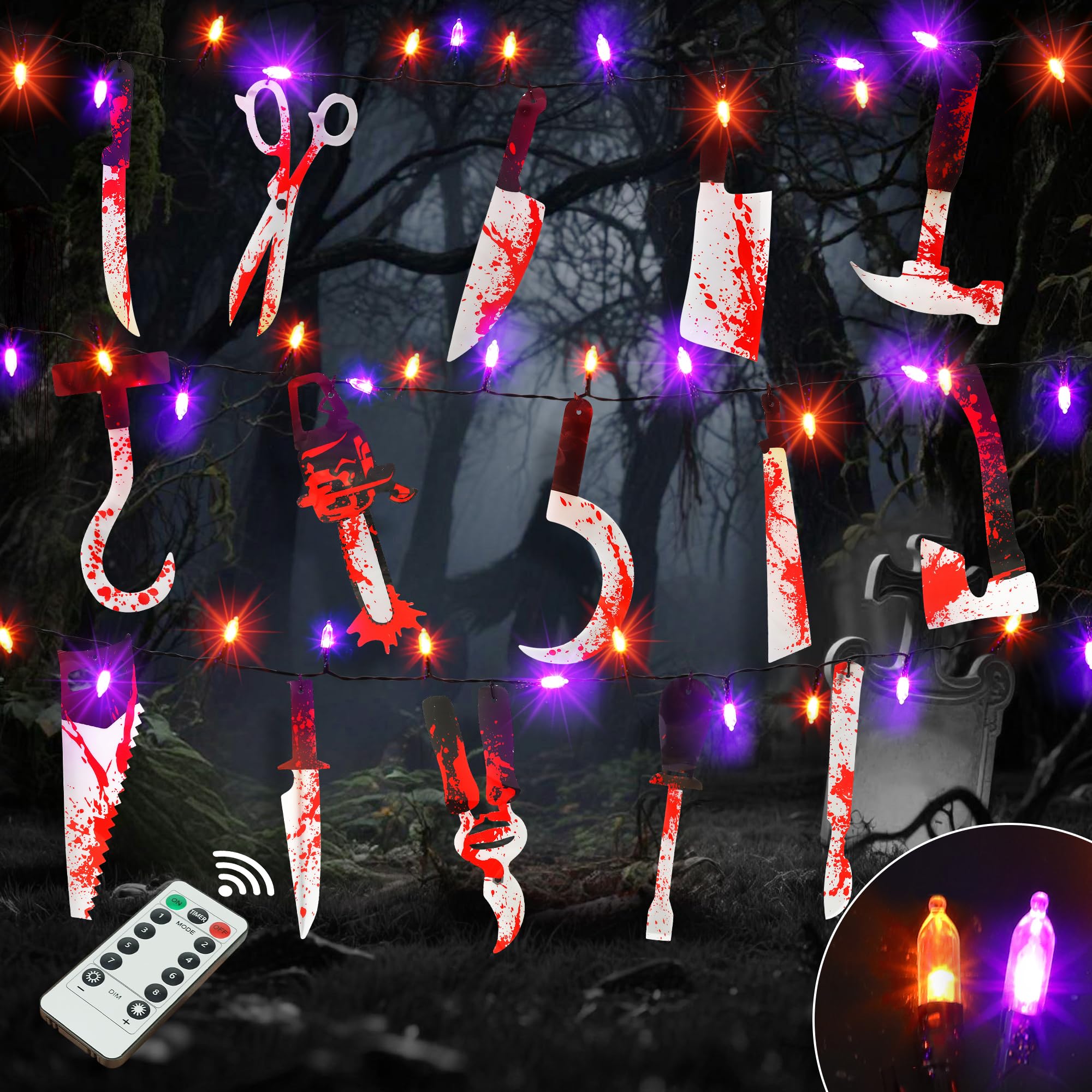 Photo 1 of [Timer & 8 Modes] Halloween Bloody Knife Banner with Orange & Purple String Lights,14.5 FT Scary Halloween Decorations Realistic Lighted Bloody Knife Props Garland for Creepy Haunted House Home Decor