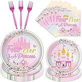 Four Ever a Princess Birthday Decorations - Princess 4th Bday Paper Plates and Napkins Tableware Party Decoration Rainbow Castle 4 Years Old Forks Decor Supplies Serves 24
