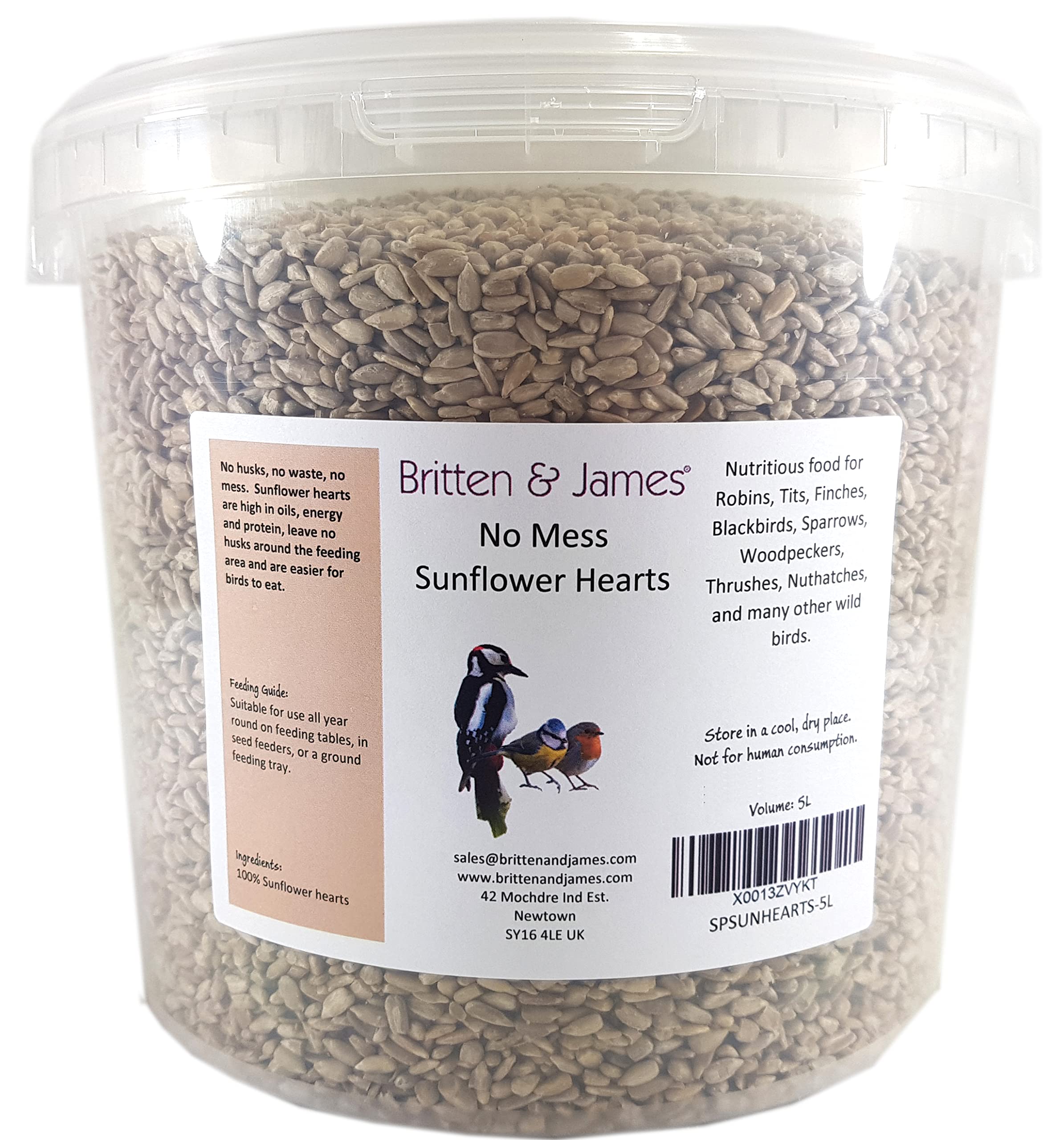 Britten & James No Mess Sunflower Hearts for Wild Birds in a Stay Fresh 5L Tub (3.2kg) – 100% Natural High Calorie Bird Food