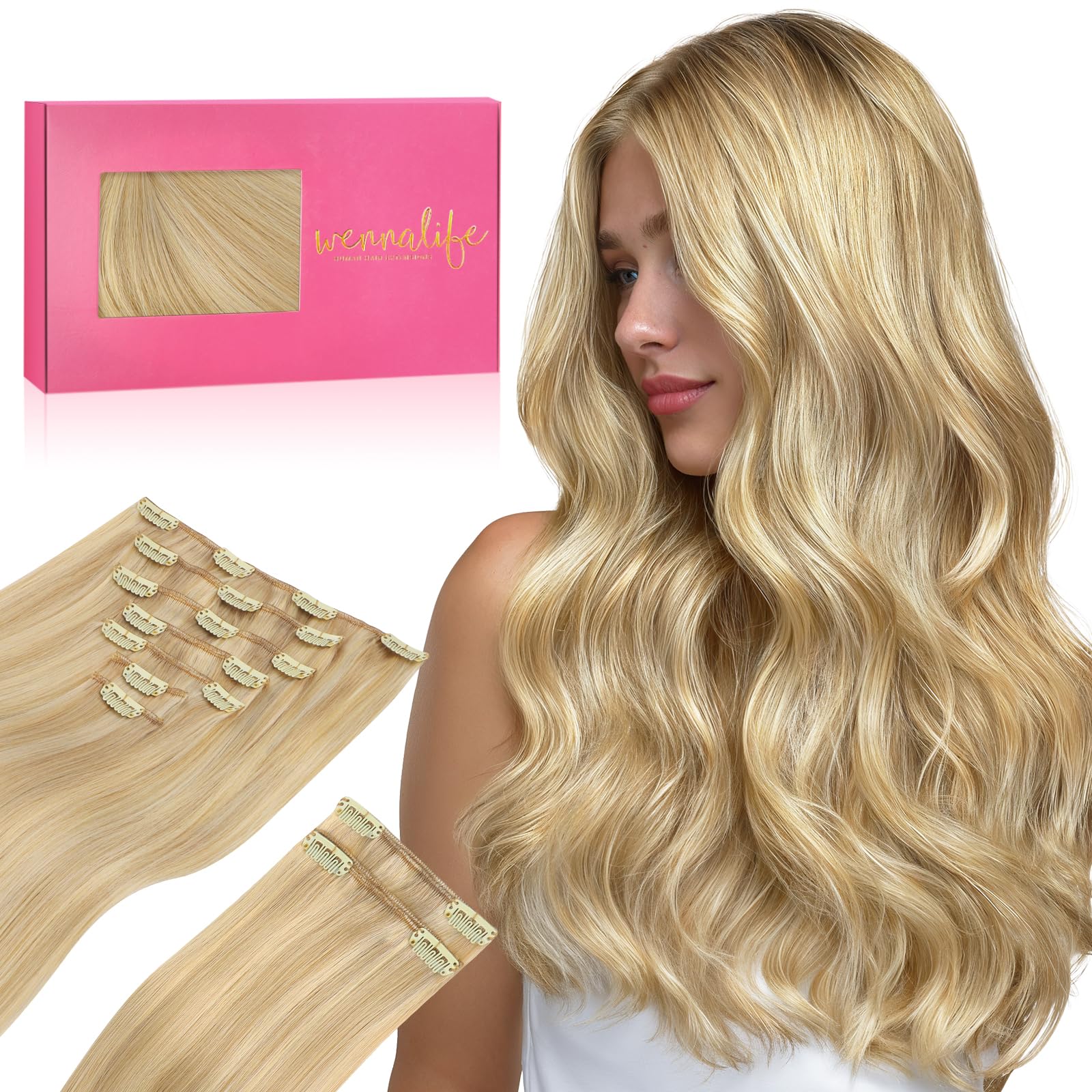 Photo 1 of WENNALIFE Clip in Hair Extensions, 150g 20 Inch 9pcs Light Blonde Highlighted Golden Blonde Remy Hair Thicker Double Weft Extensiones De Cabello Humano Con Clip Ins Straight Full Volume
