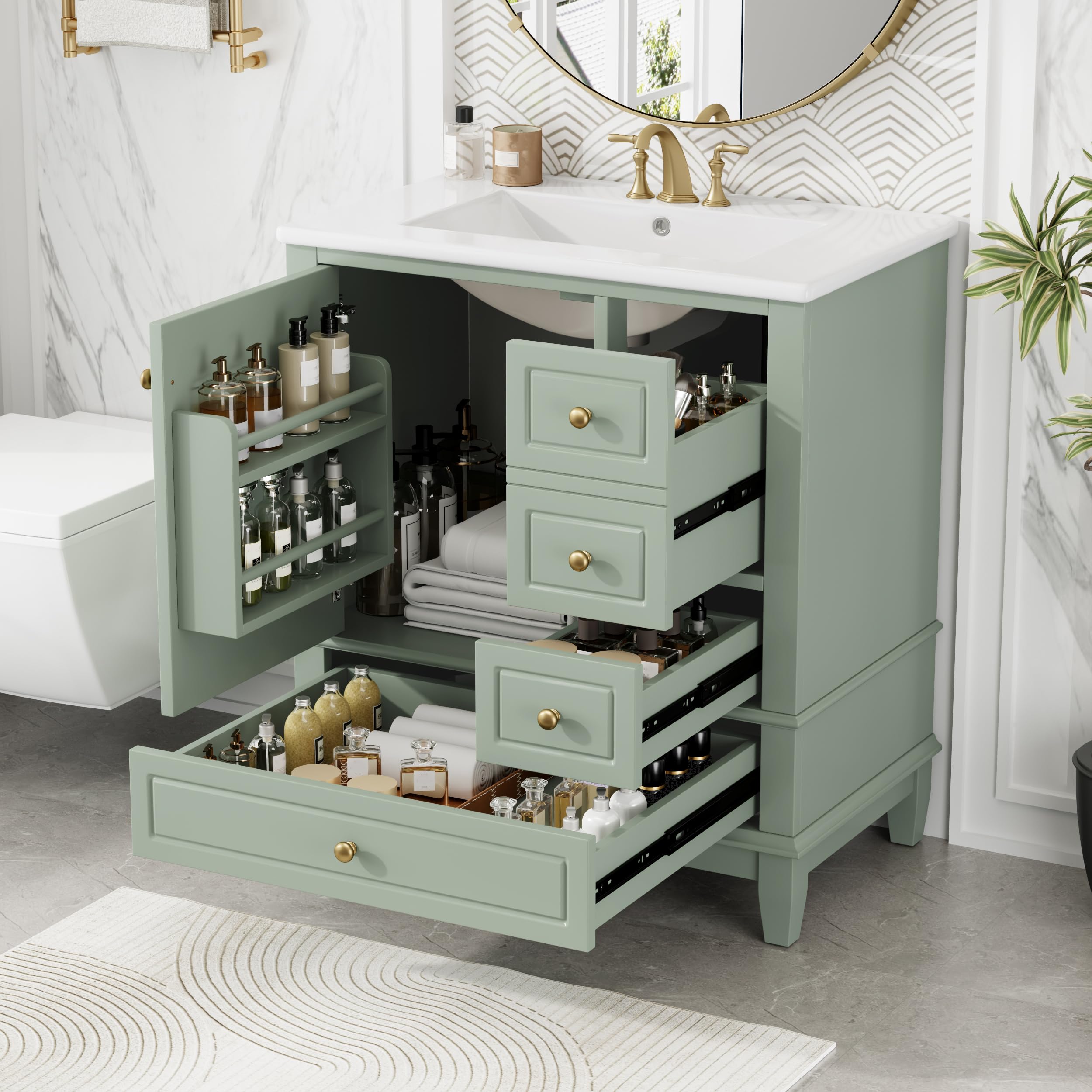 Photo 1 of ***Damaged***Christopher Knight Home Supah 30" Bathroom Vanity with Ceramic Sink, Rubberwood Frame, One Door with Shelf and Three Drawers, Storage Cabinet, Toilet Organizer, Soft Close Door, Light Green***Damaged***
