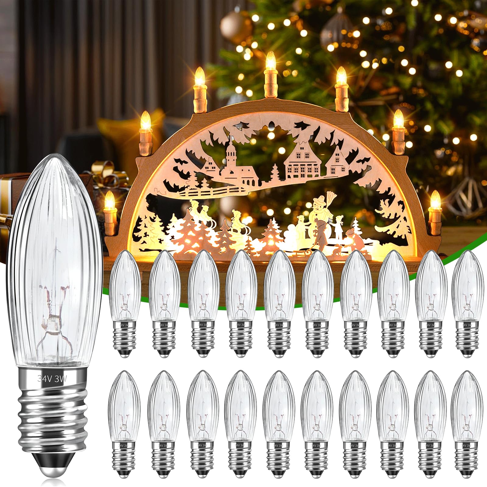 20 Pack E10 34V 3W Candle Bulbs, Bridge Replacement Bulbs, Warm White 2700K, MES Spare Christmas Light Bulbs for Arch, Candlestick, Pointed Candle, Fairy Lights