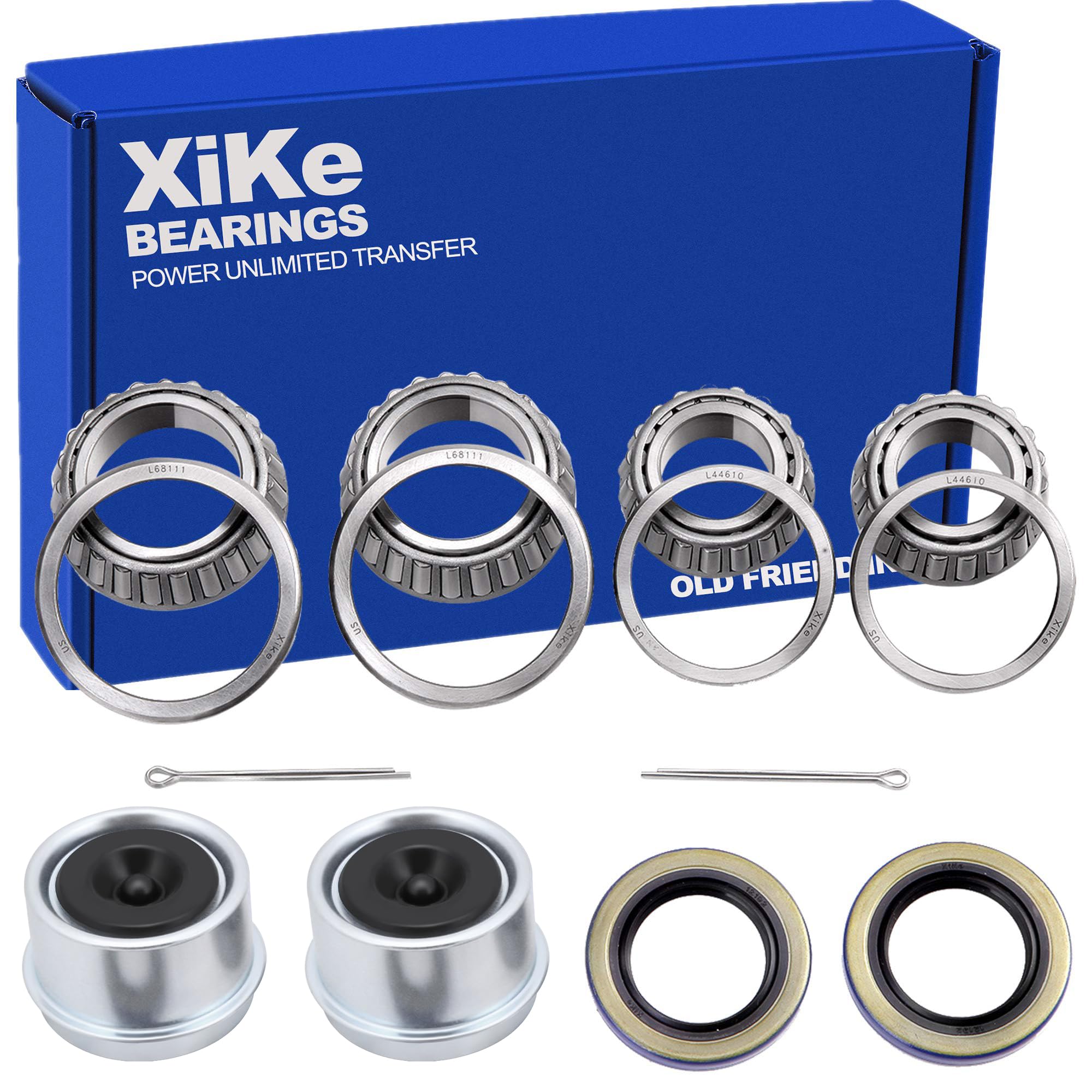 Photo 1 of XiKe 2 Set Trailer Bearings Kit L68149/L68111 and L44649/L44610, Fits for 1-3/8'' to 1-1/16'' 3500 Lbs Axles Trailer Wheel Hub with 171255TB Seal OD 1.719'', Dust Cover and Cotter Pin.