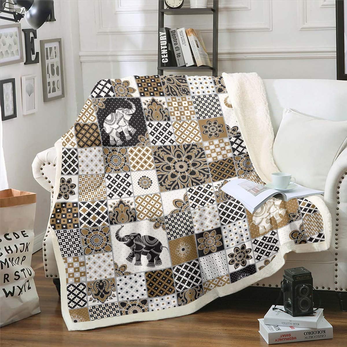 Loussiesd Bohemian Sherpa Fleece Throw Blanket, Boho Mandala Print, 3D Elephant Geometric Grid, Plush