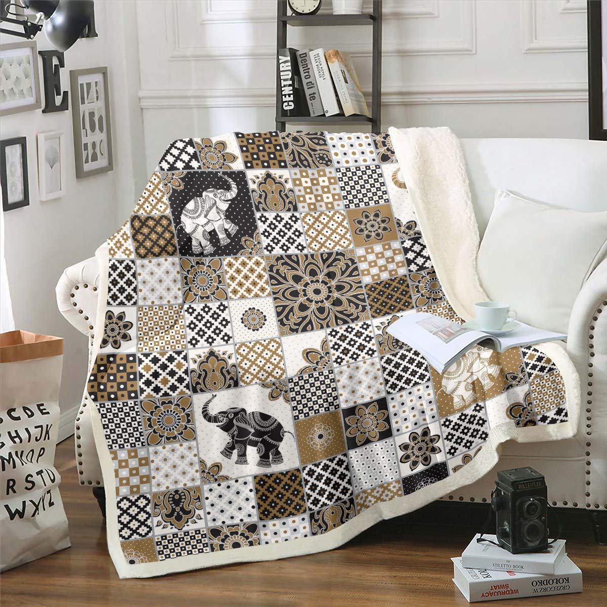 Loussiesd Bohemian Sherpa Fleece Throw Blanket - Boho Mandala Print, 3D Elephant Geometric Grid, Plush, Vintage Indian Tribal for Adults, Double 60x79 Inch
