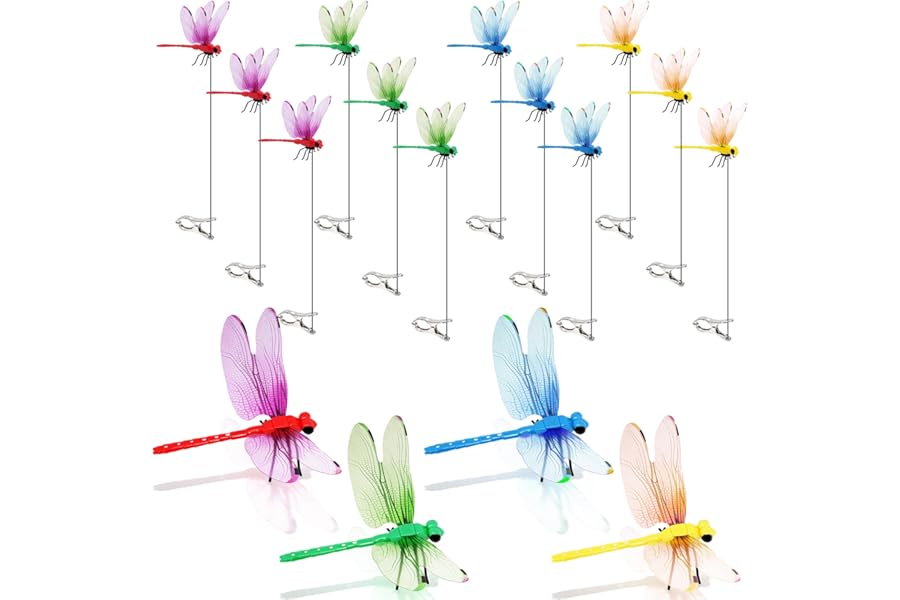 12 Pack Dragonfly Clip,Fake Dragonflies, Humming Bird Stakes Fake, Plastics Dragonfly for Garden Stakes Decor Yard Ornaments for Hat,Deer and Horse,Fly Scare Devices for Indoor Outdoor