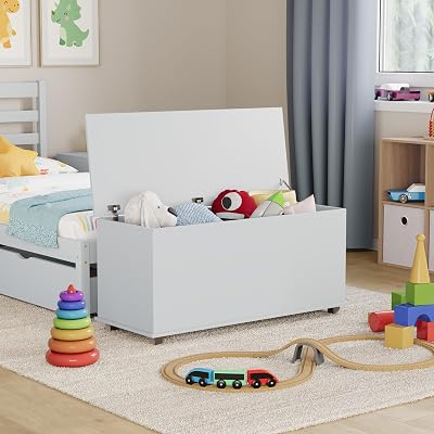Vida Designs Leon Toy Box White Wood 100x40x48cm Lift Lid Storage Ottoman