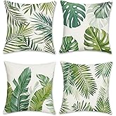 Bonhause Tropical Leaves Throw Pillow Covers 18 x 18 Inch Green Palm Leaf Decorative Pillows Polyester Linen Cushion Cases for Couch Sofa Bed Home Decor Set of 4