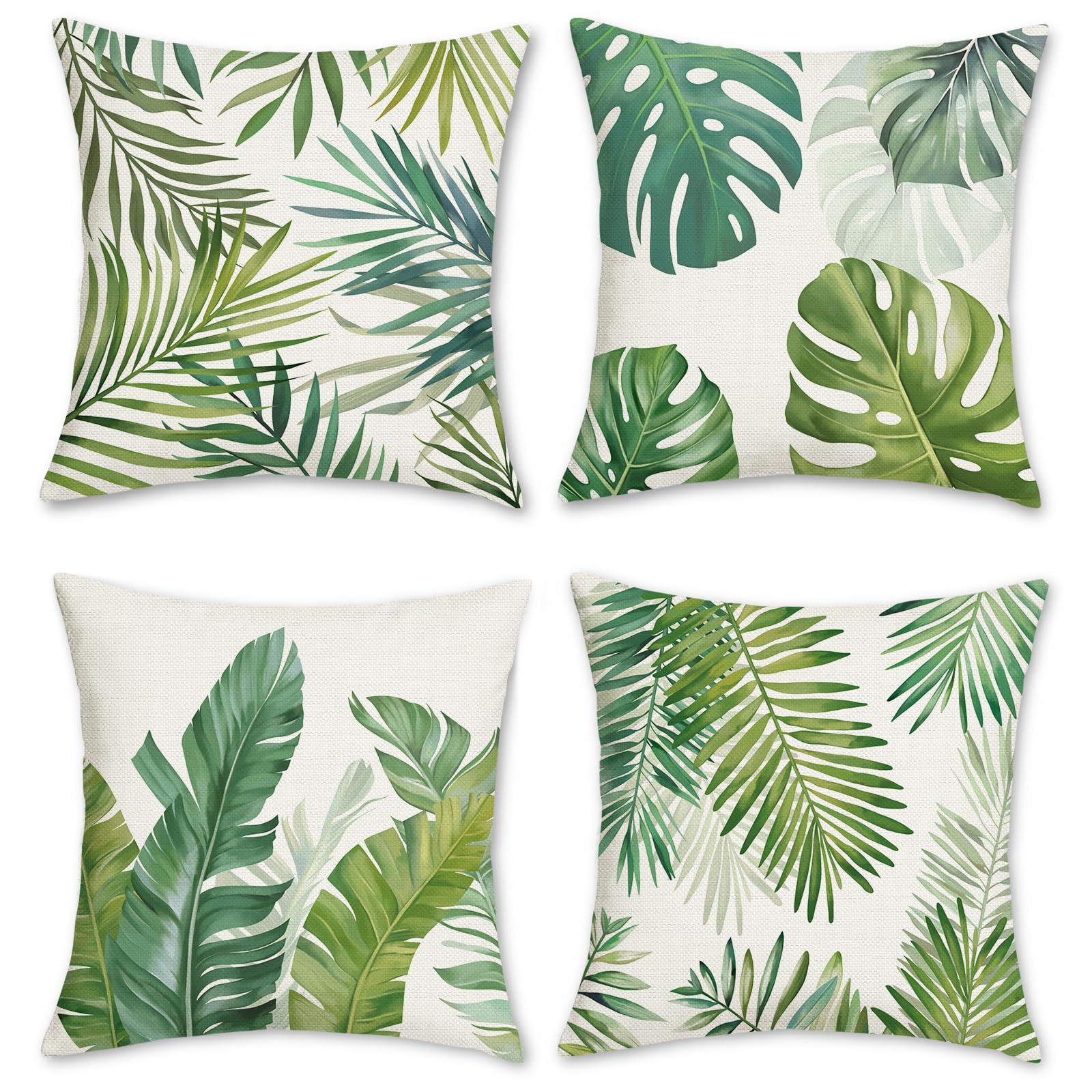 Bonhause Tropical Leaves Cushion Covers 45 x 45 cm Green Palm Leaf Decorative Throw Pillow Covers Polyester Linen Pillowcases for Garden Outdoor Spring Summer Decor Set of 4
