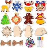 Max Fun 60Pcs Christmas Wooden Ornaments Unfinished Predrilled Wood Slices Circles for Crafts Xmas Holiday Hanging Decoration in 12 Shapes
