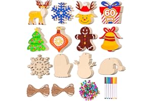 Max Fun 60Pcs Christmas Wooden Ornaments Unfinished Predrilled Wood Slices Circles for Crafts Xmas Holiday Hanging Decoration in 12 Shapes
