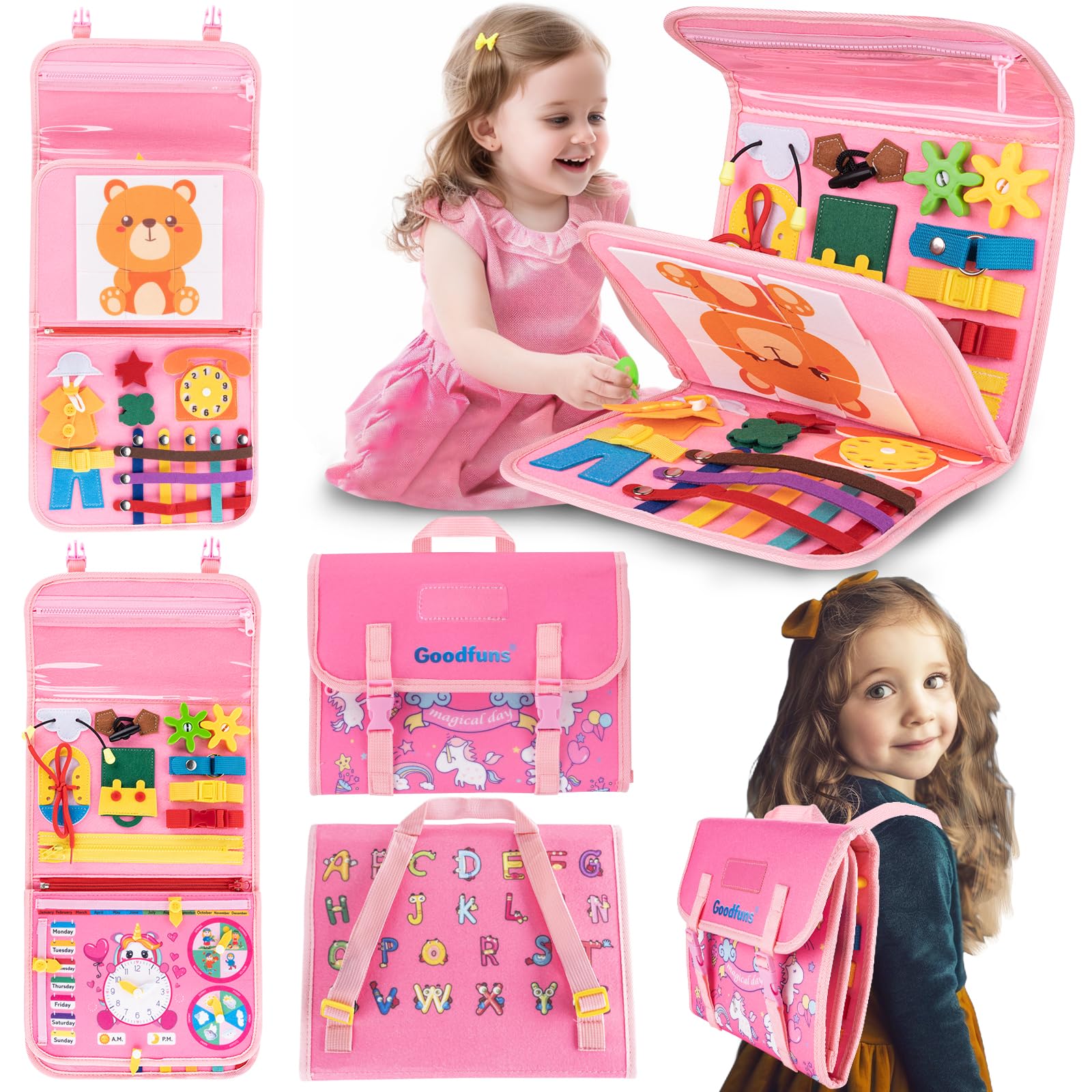Photo 1 of Busy Board Montessori Toys for 3 4 5 6 Year Old, 20 in 1 Busy Book Backpack for Toddlers, Preschool Learning Activities with 13 Life Skills, Travel Toys Birthday Gifts for Kids Boys Girls (Unicorn)