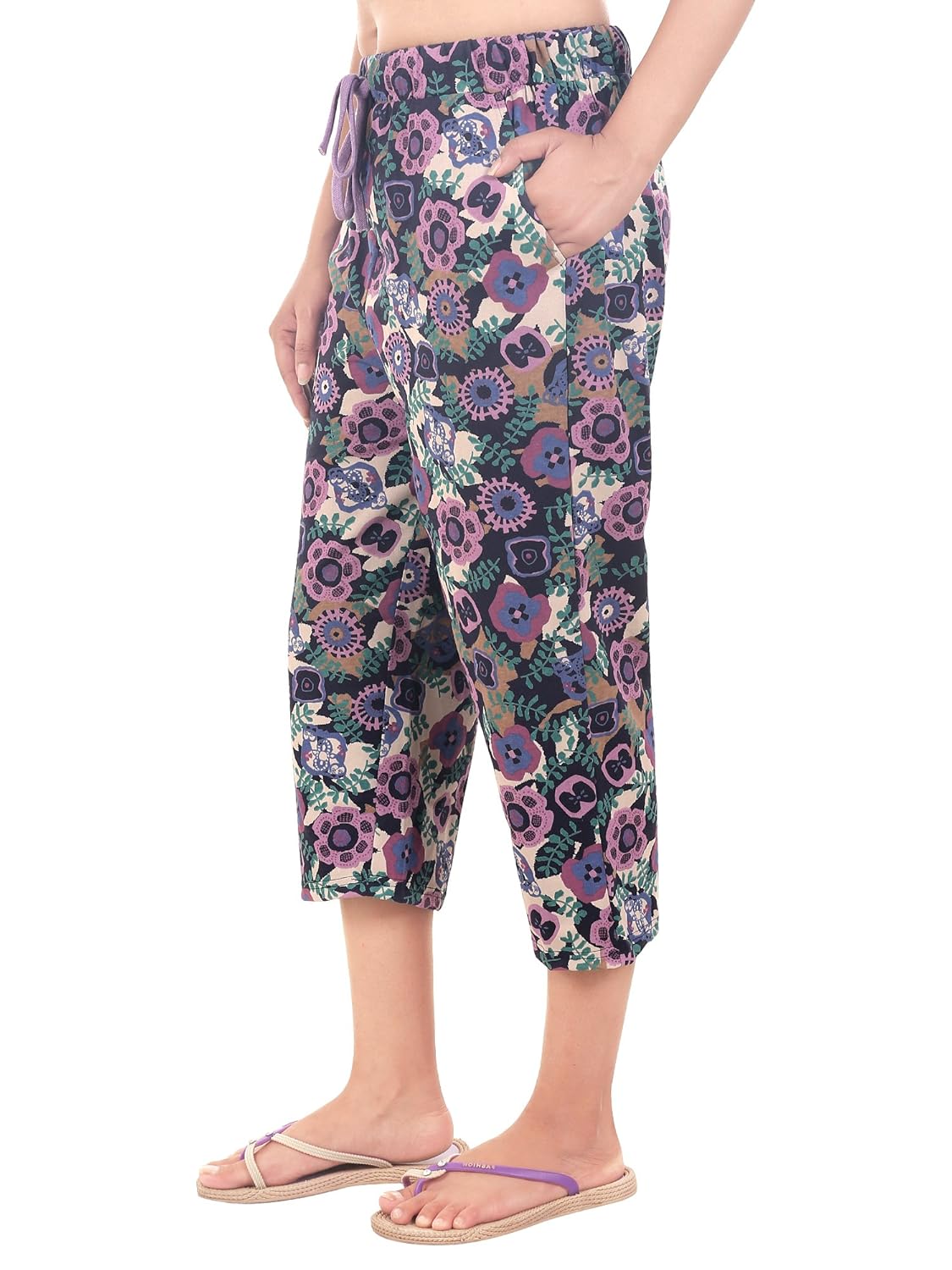 9teenagain women's cotton hosiery nightwear capri(navy blue & purple printed)