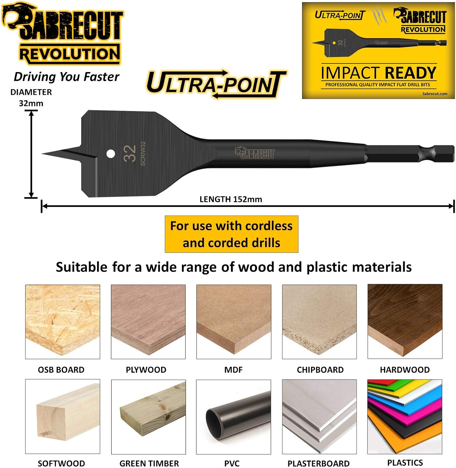 1 x SabreCut SCRIW32_1 32mm x 152mm Impact Rated Flat Wood Spade Bit for Softwood Hardwood Chipboard - Image 4