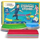 National Geographic Kids Stepping Stones & Balance Beams – 12 Piece Obstacle Course for Kids Ages 3+ with Foam Dice, Play & L