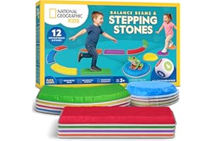 BLUE MARBLE NATIONALGEOGRAPHIC Kids Stepping Stones & Balance Beams – 12 Piece Obstacle Course for Kids Ages 3+ with Foam Dice, Play & Learn Cards, Non-Slip Rubber Base, Toddler Indoor & Outdoor Active Play Set