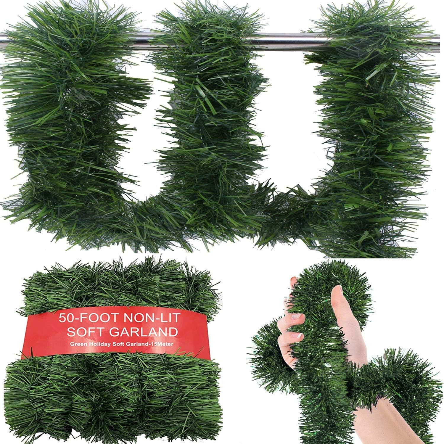 FYL 50 Foot Soft Green Garland for Christmas Decorations NonLit Soft