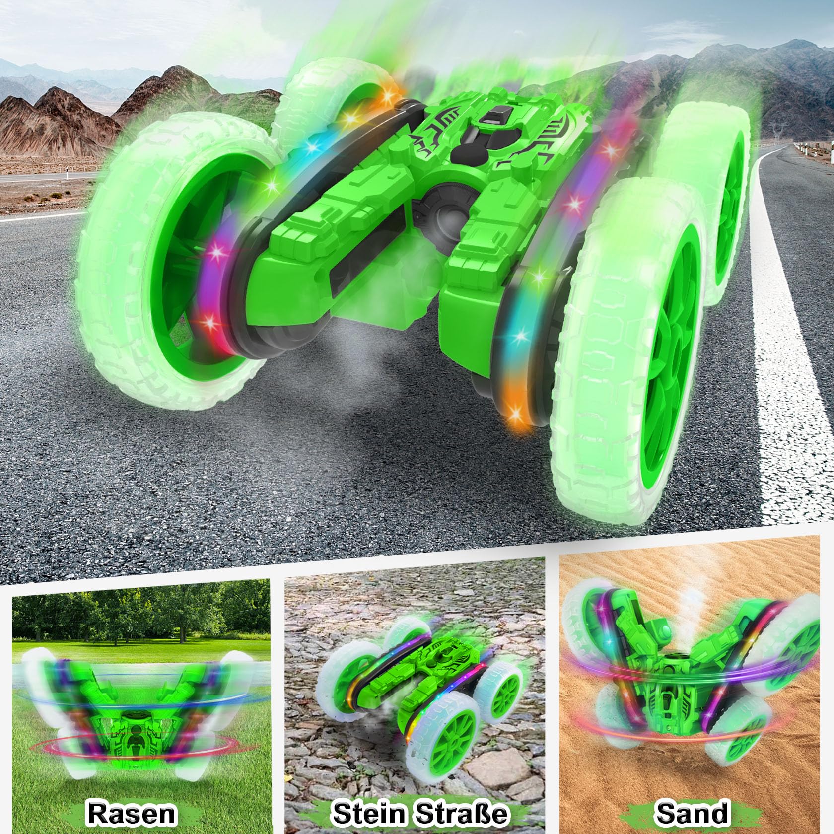 MidiVix Ferngesteuertes Auto, 360°rotierende 4WD RC Autos mit Seitenlichtern und Scheinwerfern, 2.4Ghz Doppelseitig RC Stunt Car mit Spray, RC Drift Spielzeugauto und Geschenke für Kinder (Grün) 2