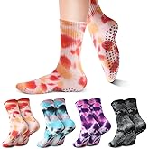 Jspupifip 4 Pairs Women Tie Dye Yoga Socks with Grips Non Slip Grip Crew Socks Colorful Grippy Socks for Pilates Barre Home