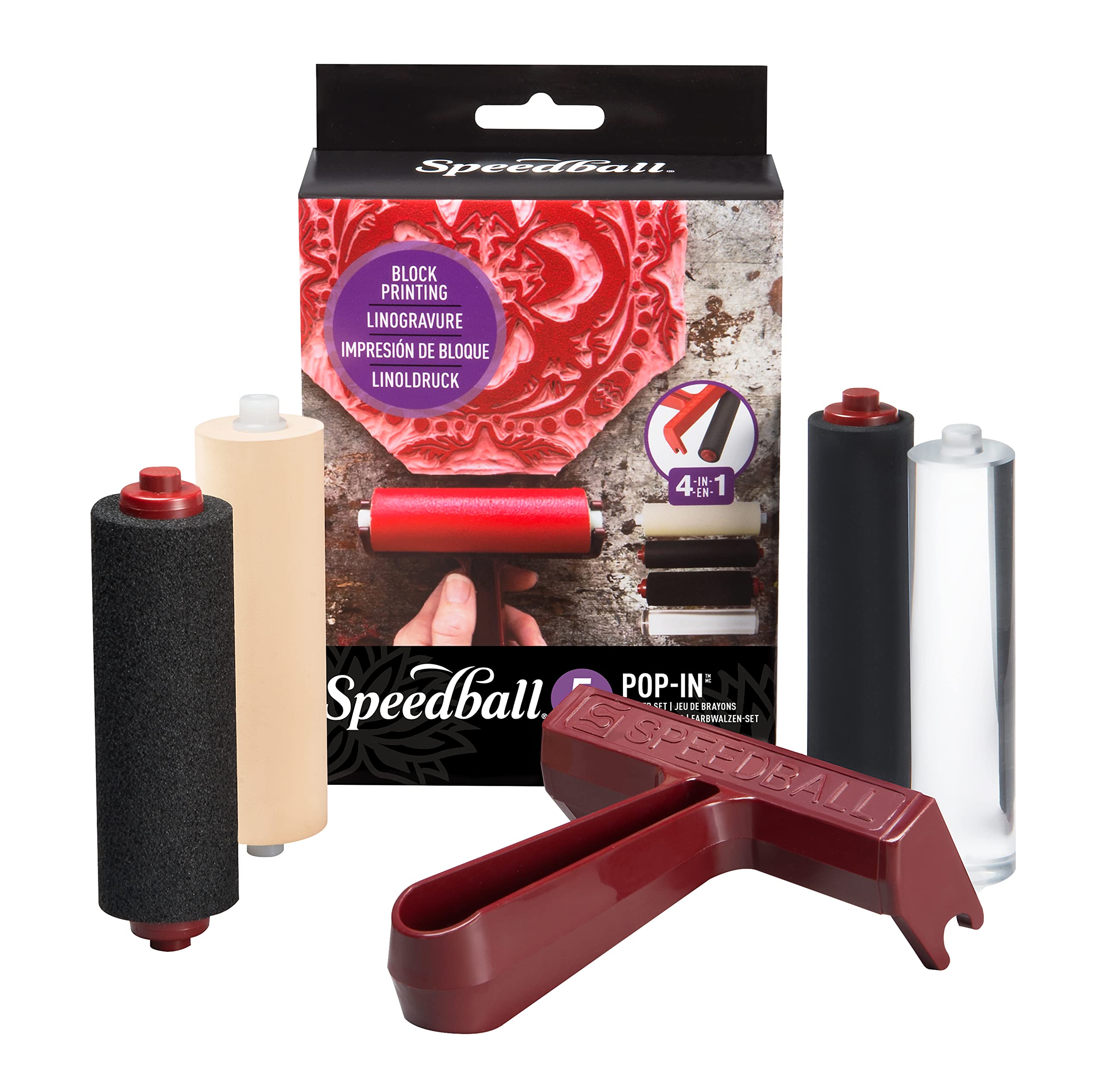 Speedball Pop-in 4-inch Brayer Foam, Hard Rubber and Acrylic, Paper, Black, Interchangeable Roller Kit