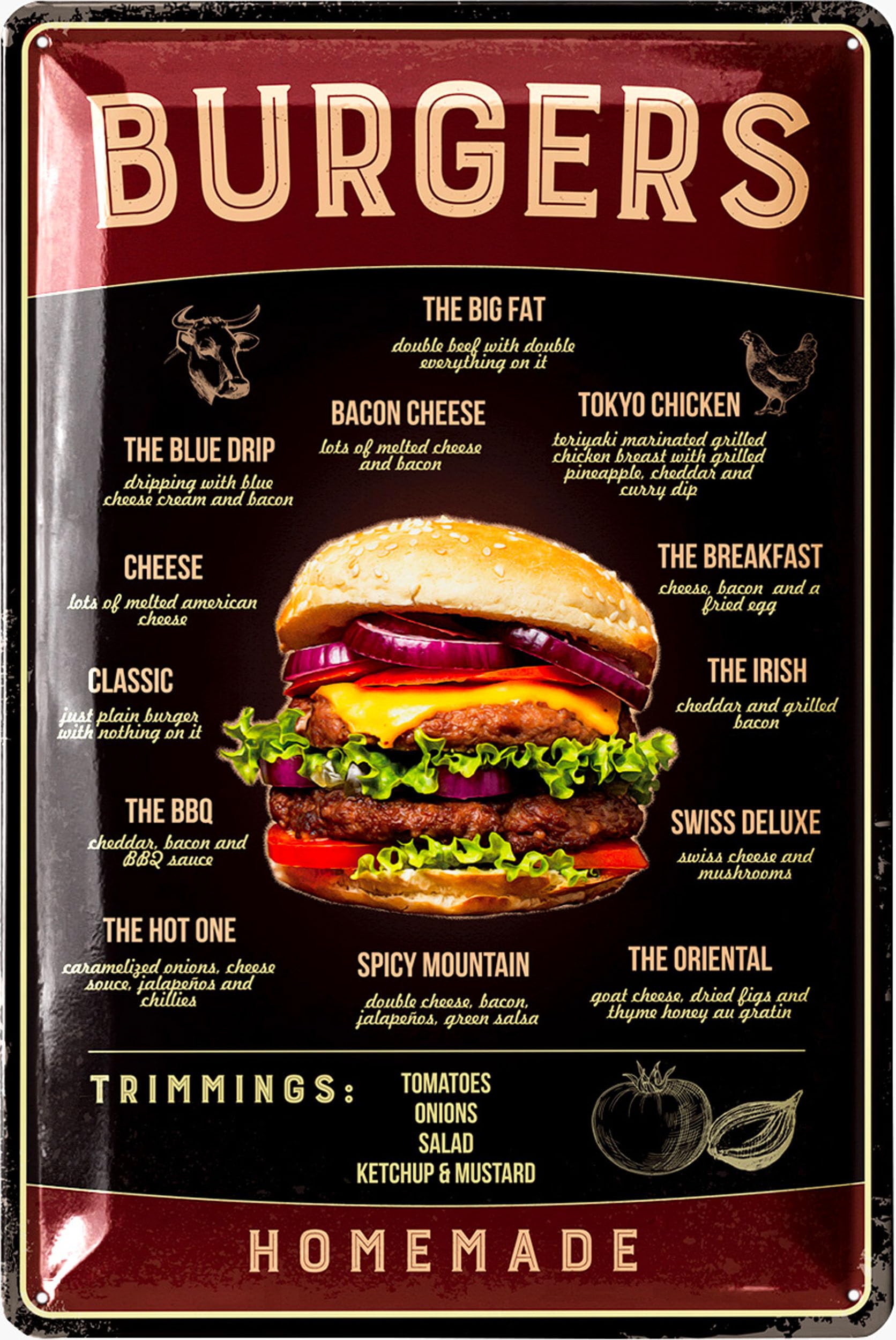 Vintage Tin Sign BURGER, Retro Diner Decor, Restaurant Decor, Vintage BBQ Signs, Retro BBQ & Diner Wall Art, Burger Signs For Business, 50s Kitchen Decor, 12x8"