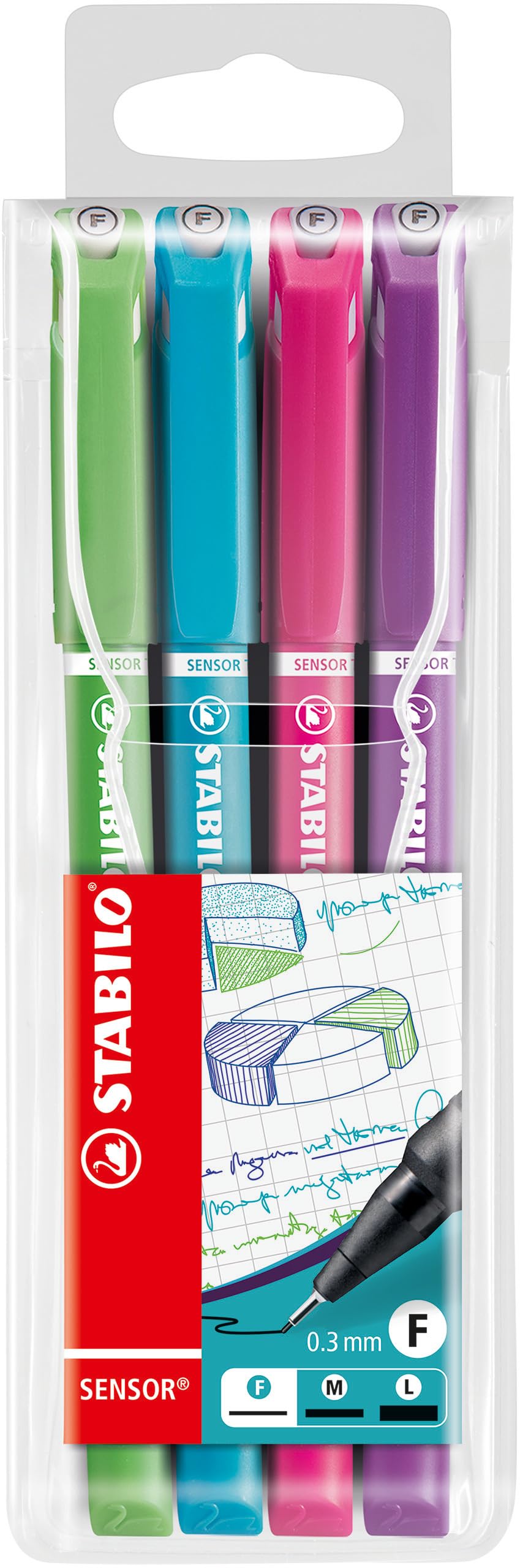 STABILO Fineliner with Cushioned F-Tip SENSOR fine - Pack of 4 - Light Green, Turquoise, Pink, Lilac