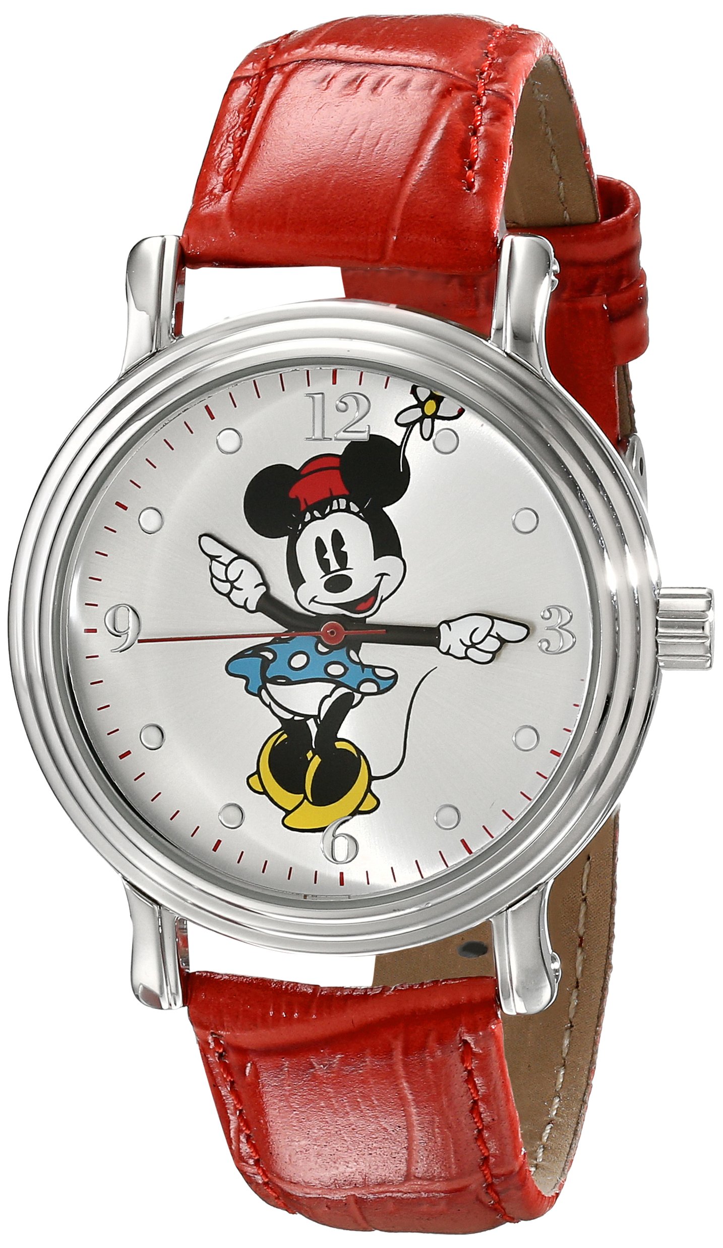 Disney Minnie Mouse Watch for Women – Stylish Women's Minnie Mouse Watch – Gift Fans, Watches - Classic Watches with Silver Case & Red Leather Strap Image