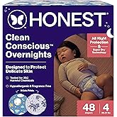 The Honest Company Comfort Dry Disposable Overnight Diapers for Sensitive Skin, Hypoallergenic, Baby Cozy Cloud and Star Signs Design Club Box Size 4 (22–37 lbs) 48 Count
