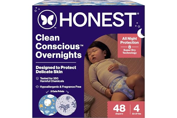 The Honest Company Clean Conscious Overnight Diapers for Sensitive Skin | Hypoallergenic, Fragrance Free | Cozy Cloud + Star