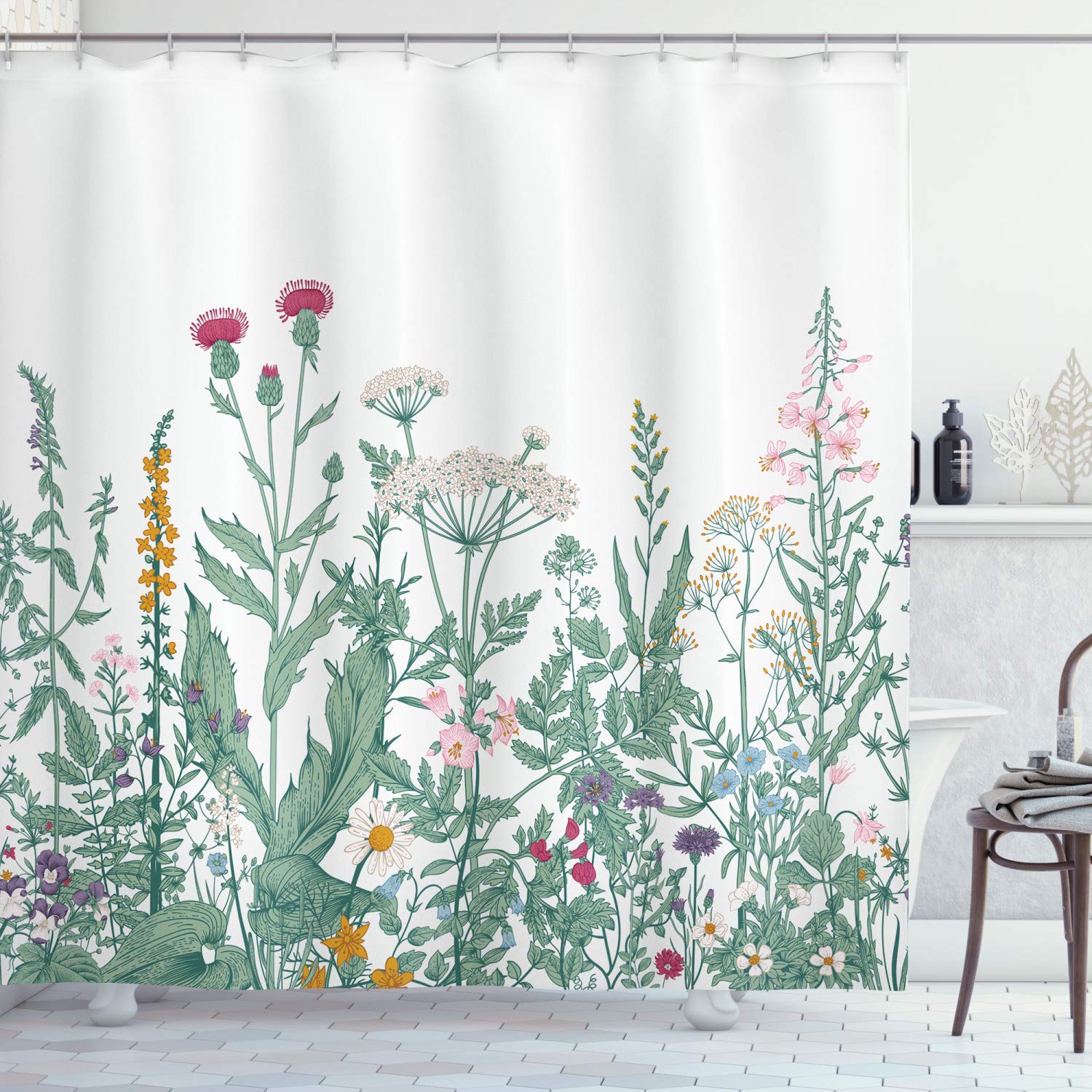 ABAKUHAUS Floral Shower Curtain, Vanished Colored Messy Wild Herb Medley of Cow Parsley Musk Mallow and Purple Orchid, Cloth Fabric Bathroom Decor Set with Hooks, 94 Inches, Multicolor